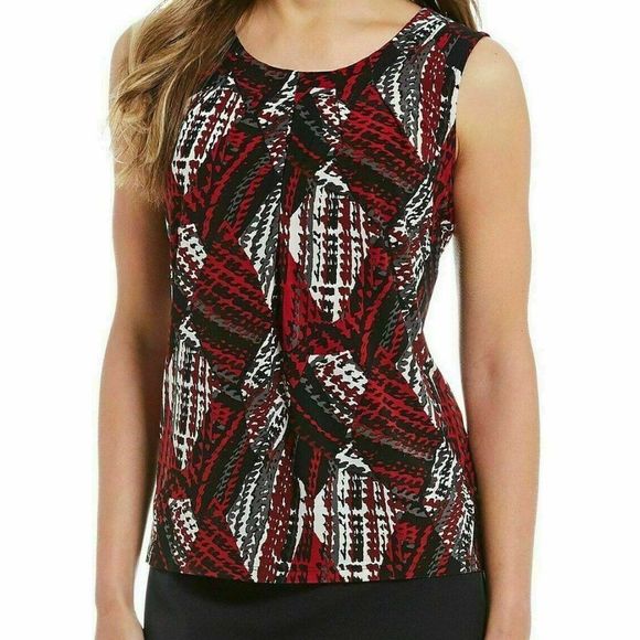 Kasper Red Pleated Scoop‎ Neck Sleeveless Printed Top - Picture 1 of 10